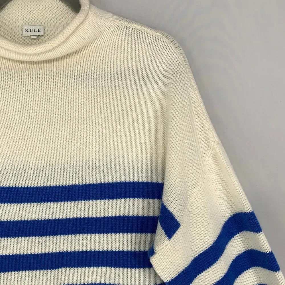 KULE Cream and Blue Striped Cashmere-blend Turtleneck Sweater. Sz L - Picture 6 of 16
